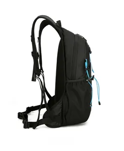 Side view of black outdoor backpack featuring water bottle mesh pocket and blue elastic cords