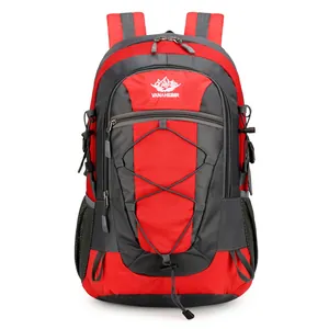 Lightweight red and grey large capacity outdoor hiking backpack with mountain logo
