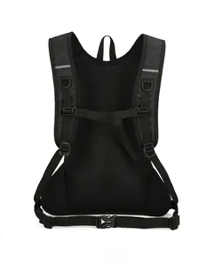 Back view of outdoor backpack featuring breathable mesh padding and orange chest buckles