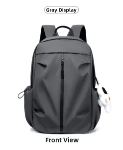 Front view of a minimalist grey casual backpack featuring a vertical center zipper