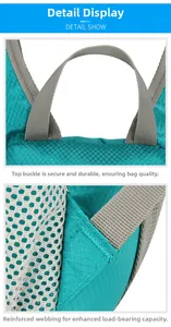 Detalle de mochila azul con costuras reforzadas y asa de transporte superior muy resistente