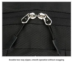 Macro detail of durable ripstop fabric and smooth two-way metal zippers on backpack