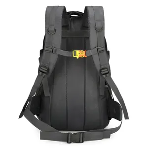 Ergonomic breathable back panel on dark gray large capacity outdoor hiking backpack