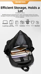 Detail view of large capacity business backpack with 14-inch laptop storage compartment
