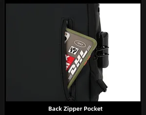 Détail du sac bandoulière étanche avec poche zippée au dos et verrouillage par mot de passe