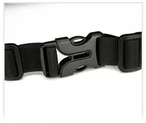 Macro shot of high-quality black plastic buckle and durable woven strap for backpacks