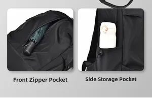 Detailed view of the front zipper pocket and side water bottle holder on the black backpack
