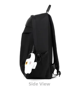 Side view of black nylon backpack featuring functional side pocket and astronaut plush charm