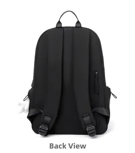 Ergonomic back view of a black leisure backpack featuring padded S-shaped shoulder straps