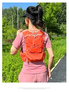 Outdoor hydration vest with reflective strips and bungee cords for trail running safety