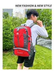 50L outdoor backpack in red and gray with water-resistant fabric for hiking and travel