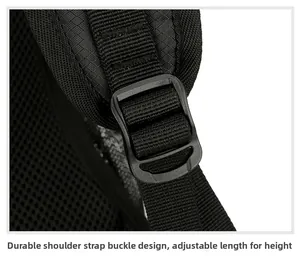 Detail view of the durable nylon shoulder strap with adjustable buckle for hiking backpack