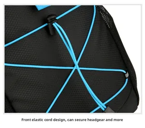 Detail of front elastic bungee cord system for securing outdoor gear on backpack