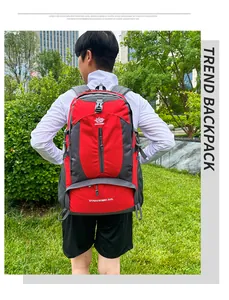 Outdoor 60L backpack detail showing red and grey nylon fabric with durable buckles