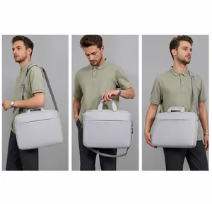 Three-way grey laptop bag shown as shoulder, handheld and crossbody briefcase styles