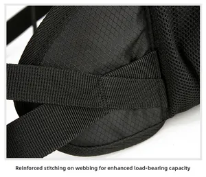 Macro detail of reinforced stitching on black nylon strap for hiking backpack durability