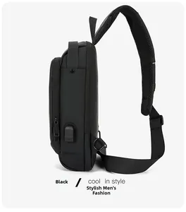 Vue détaillée du sac de poitrine noir avec port de chargement USB externe inclus