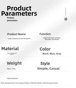 Detailed specs of the 540g lightweight backpack showing compartments and dimensions