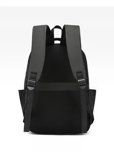 Rear view of black backpack featuring breathable mesh back panel and padded straps