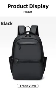 Front view of black waterproof business laptop backpack with smooth zipper and top handle