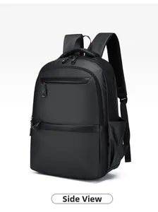 Side view of lightweight black business backpack showing multiple zipper compartments