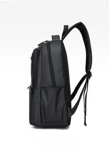 Side view of black business backpack showing multi-layer zippers and padded shoulder straps