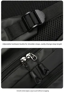 Detail of waterproof fabric, breathable mesh back, and ergonomic smooth zipper on black backpack