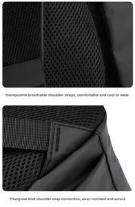 Detail of breathable honeycomb mesh straps and reinforced stitching on a black business backpack