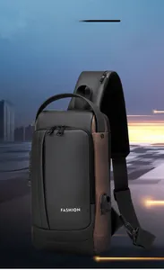 Close-up of multifunctional sling bag with built-in USB charging port and anti-theft design