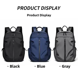 Front view of large casual backpacks in black, blue and grey with vertical zippers