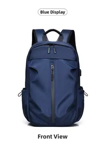 Front view of large capacity blue business backpack with USB port and waterproof fabric