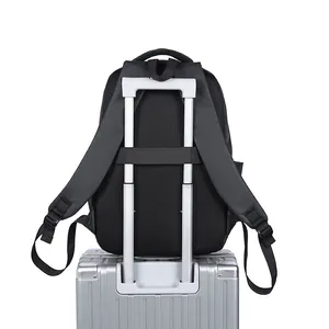 Black business backpack with luggage strap and breathable mesh back for travel convenience