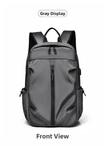 Close-up of a grey street-style backpack with waterproof fabric and vertical zipper detail