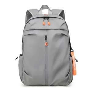 Gray men's business backpack with orange zipper accents and water-resistant fabric
