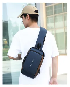 Détail du sac à bandoulière bleu foncé antivol avec serrure à code et logo