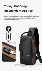 Detail of the side USB charging port on the black and brown crossbody chest bag