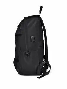 Side view of black backpack featuring a built-in USB charging port and side water bottle pocket
