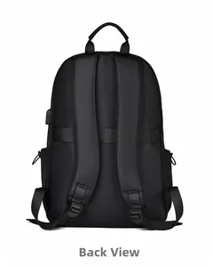 Black travel backpack back view with padded straps and luggage trolley sleeve detail