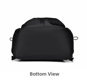 Detailed bottom view of the black street fashion backpack featuring durable reinforced stitching