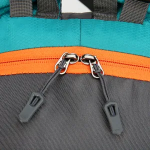 Outdoor sports backpack with teal and orange ripstop nylon fabric and double zippers