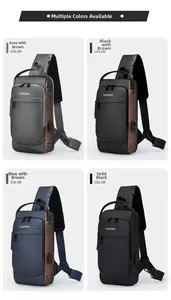 Dettaglio della borsa a tracolla impermeabile con porta USB e varie opzioni di colore