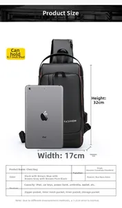 Size chart showing 32x17x7cm dimensions for anti-theft sling bag with 9.7 inch iPad capacity