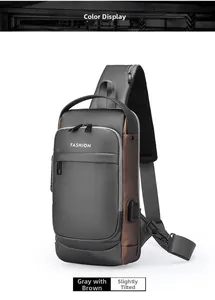 Vista dettagliata della borsa a tracolla impermeabile grigia e marrone con porta USB