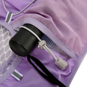 Purple running hydration vest featuring reflective strips and adjustable elastic drawstrings
