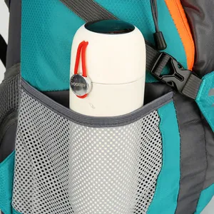Outdoor hiking backpack in green nylon featuring mesh side pocket for water bottle storage