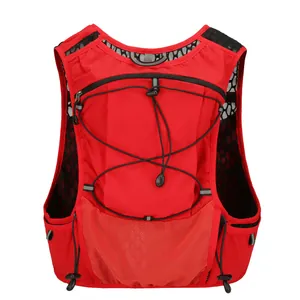 Bright red lightweight trail running vest with breathable mesh and multiple storage pockets