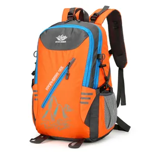 40L orange outdoor hiking backpack with mountain graphic and breathable mesh straps