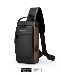 Detailed side view of waterproof black and brown crossbody bag with USB port and zippers