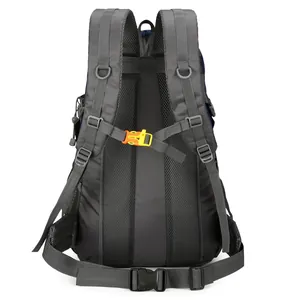 Waterproof outdoor hiking backpack with breathable mesh back and orange chest buckle