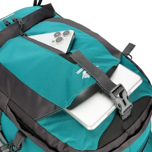 Waterproof outdoor hiking backpack with tablet storage and blue honeycomb ripstop fabric
